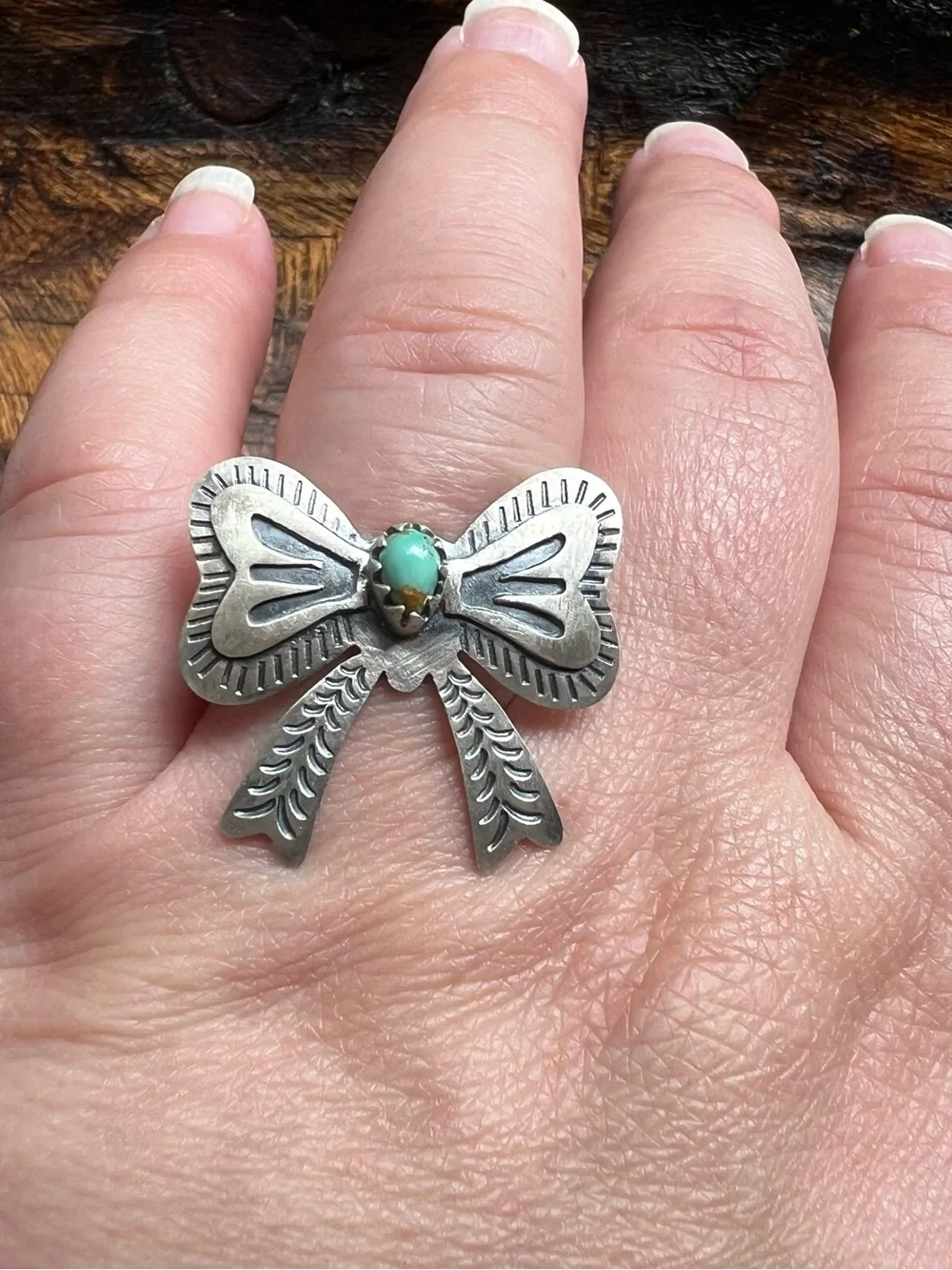 Sterling Silver Kingman Turquoise Bow Ring Size 9 Adjustable